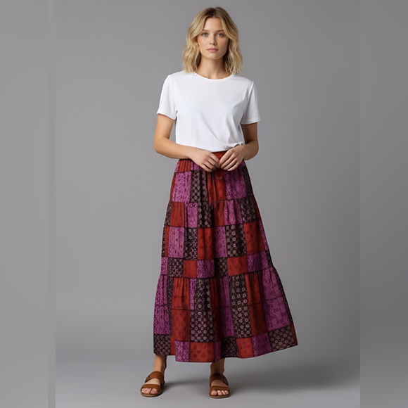 Boho Patchwork Print Maxi Skirt Red - Picture 1 of 11
